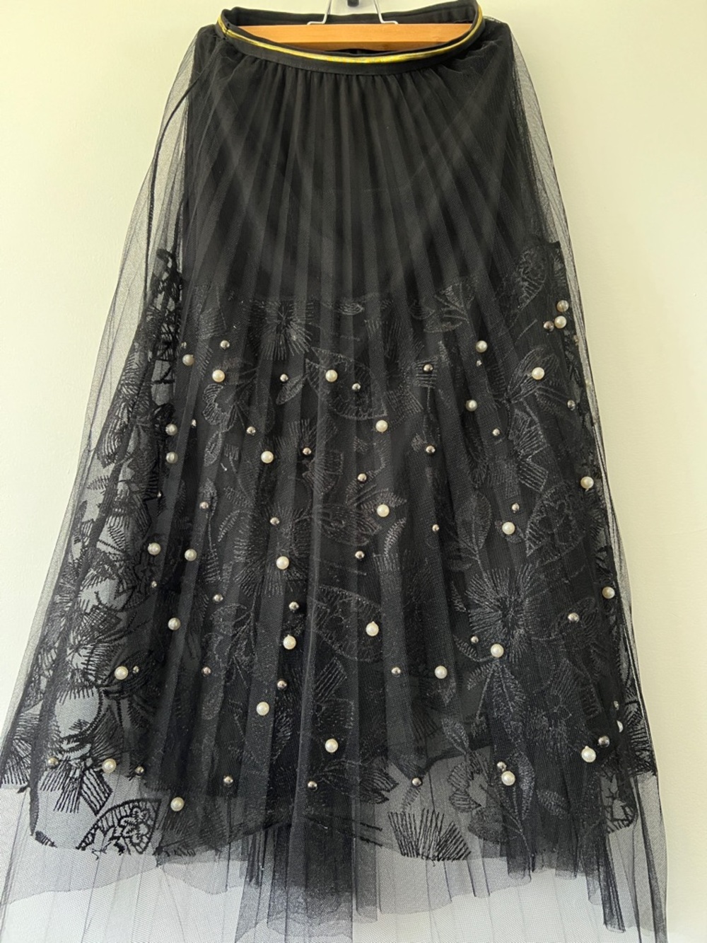 Black Embellished Tulle Midi Skirt